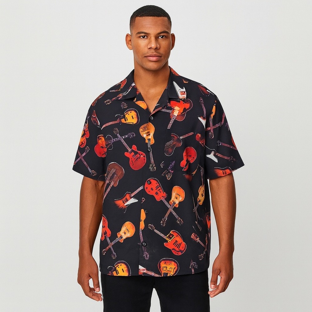 Gibson Tour Wear by Dragonfly Guitar Print Short Sleeve Button Down Camp Shirt L